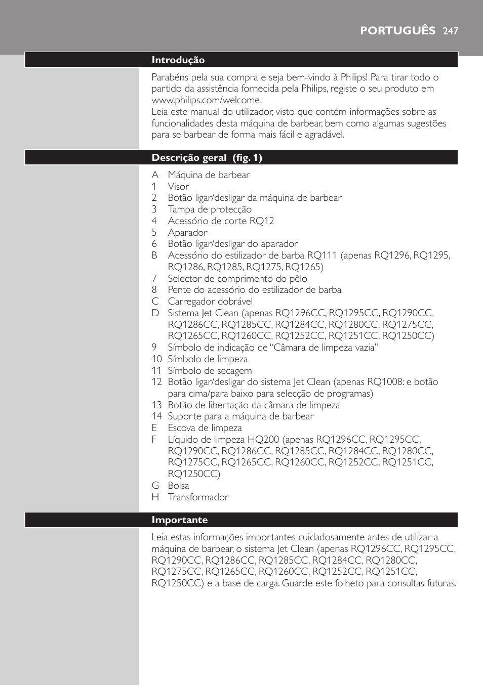 Português | Philips SHAVER Series 9000 SensoTouch afeitadora eléctrica en húmedo y seco User Manual | Page 247 / 320