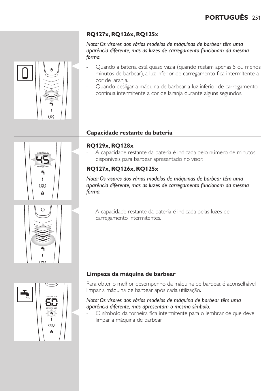 Português | Philips SHAVER Series 9000 SensoTouch afeitadora eléctrica en húmedo y seco User Manual | Page 251 / 320