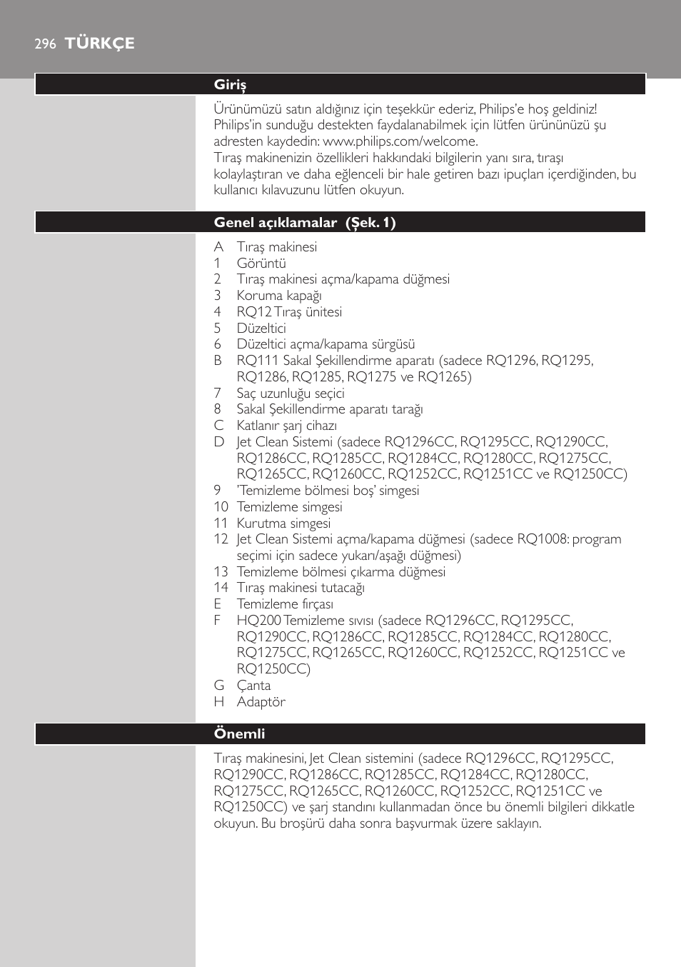 Türkçe, Türkçe 2 | Philips SHAVER Series 9000 SensoTouch afeitadora eléctrica en húmedo y seco User Manual | Page 296 / 320