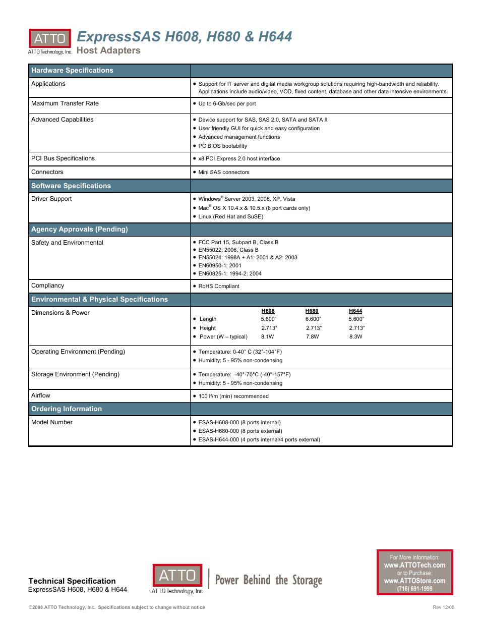 Power behind the storage, Host adapters | ATTO Technology 6-Gb/sec SAS/SATA Host Adapter H644 User Manual | Page 2 / 2