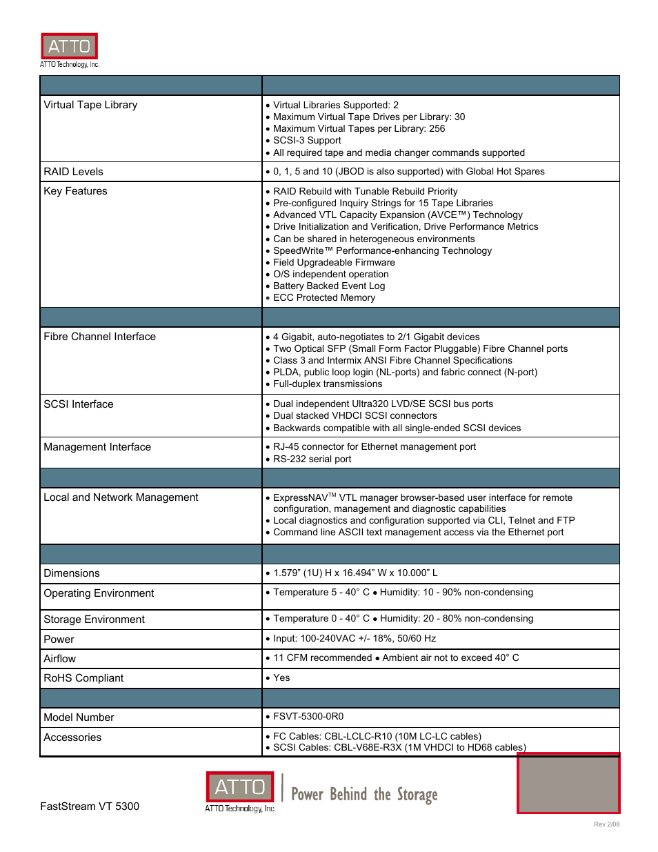 Power behind the storage, Faststream vt 5300, Virtual tape appliance | ATTO Technology FastStream VT 5300 User Manual | Page 2 / 2