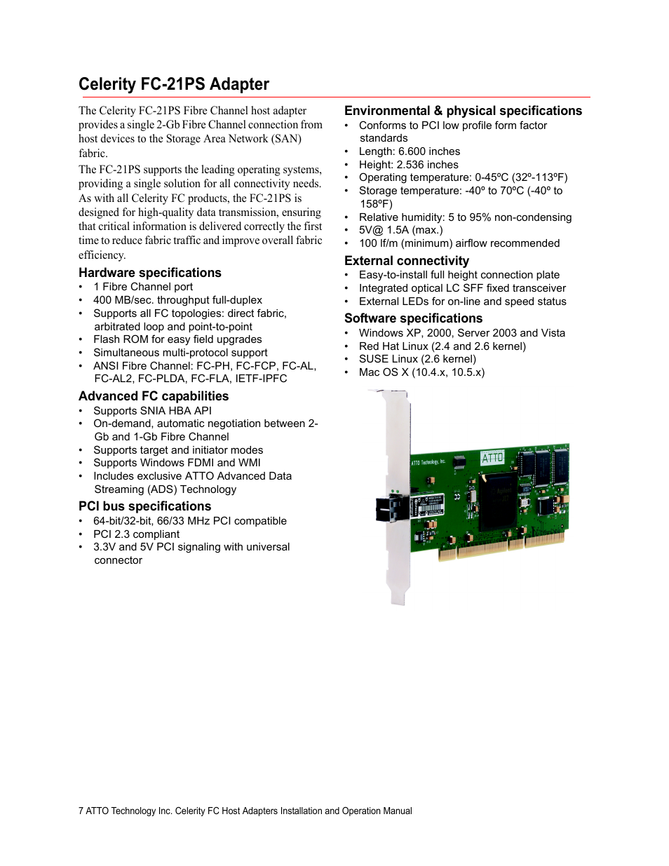Celerity fc-21ps adapter, Hardware specifications, Advanced fc capabilities | Pci bus specifications, Environmental & physical specifications, External connectivity, Software specifications | ATTO Technology FC-44ES  EN User Manual | Page 10 / 34