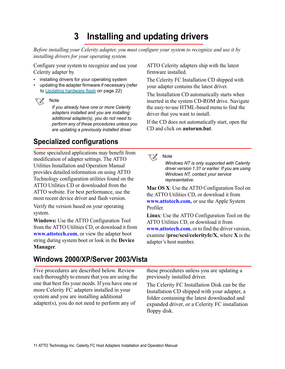 3 installing and updating drivers, Specialized configurations, Windows 2000/xp/server 2003/vista | 3 installing and updating | ATTO Technology FC-44ES  EN User Manual | Page 14 / 34