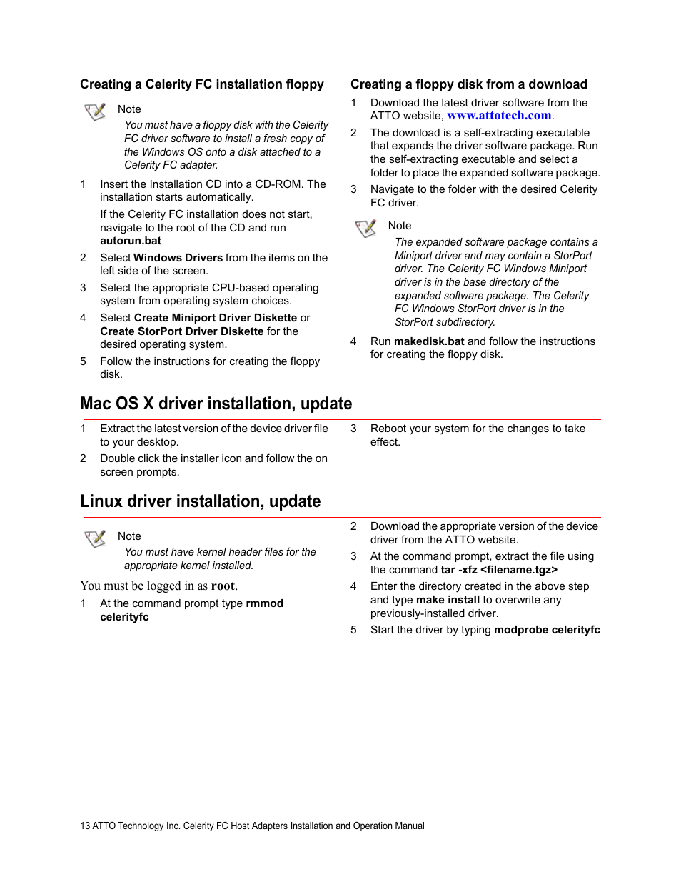 Creating a celerity fc installation floppy, Creating a floppy disk from a download, Mac os x driver installation, update | Linux driver installation, update | ATTO Technology FC-44ES  EN User Manual | Page 16 / 34