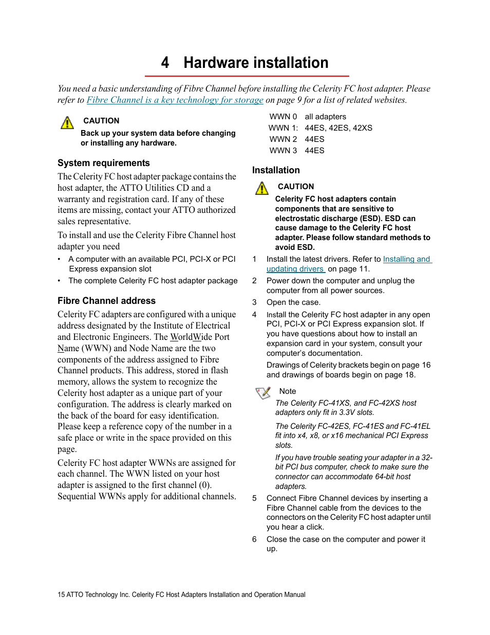 4 hardware installation, System requirements, Fibre channel address | Installation | ATTO Technology FC-44ES  EN User Manual | Page 18 / 34