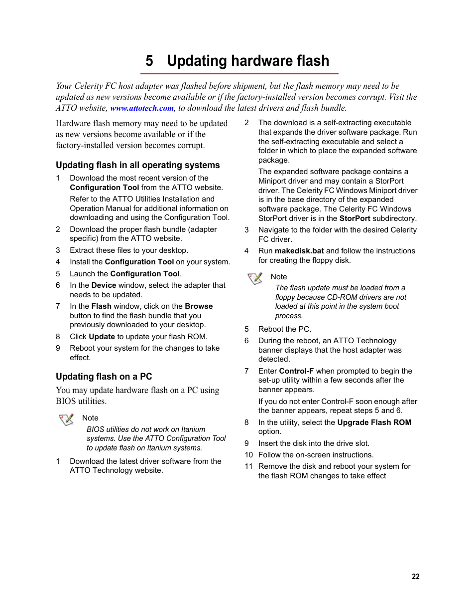 5 updating hardware flash, Updating flash in all operating systems, Updating flash on a pc | S in, Updating hardware flash | ATTO Technology FC-44ES  EN User Manual | Page 25 / 34