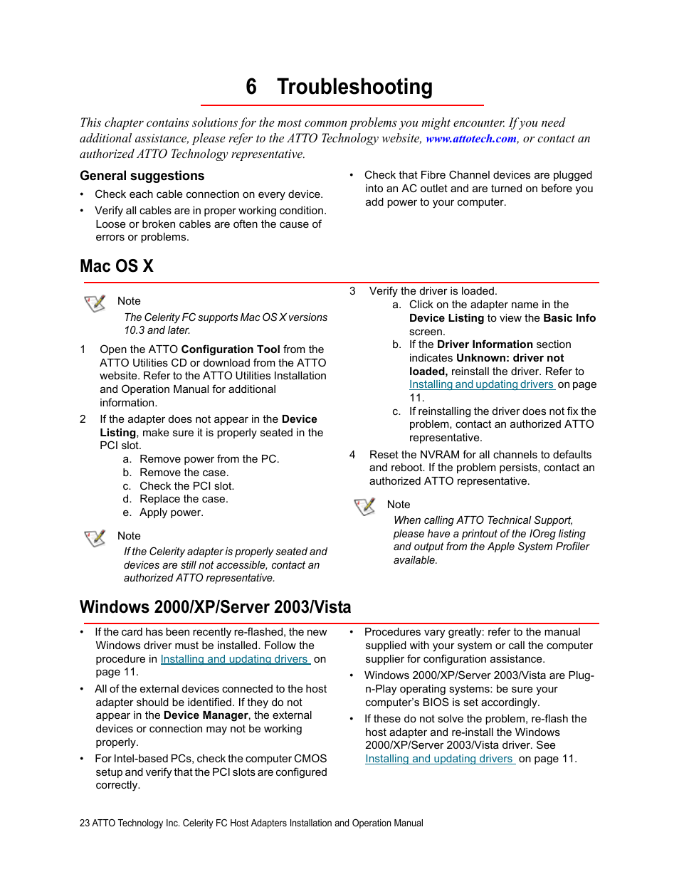 6 troubleshooting, General suggestions, Mac os x | Windows 2000/xp/server 2003/vista, Mac os x windows 2000/xp/server 2003/vista | ATTO Technology FC-44ES  EN User Manual | Page 26 / 34