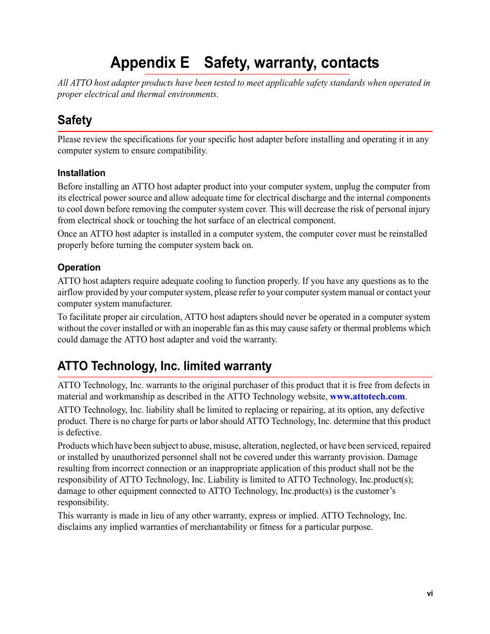 Appendix e safety, warranty, contacts, Safety, Installation | Operation, Atto technology, inc. limited warranty, Safety atto technology, inc. limited warranty | ATTO Technology FC-44ES  EN User Manual | Page 33 / 34