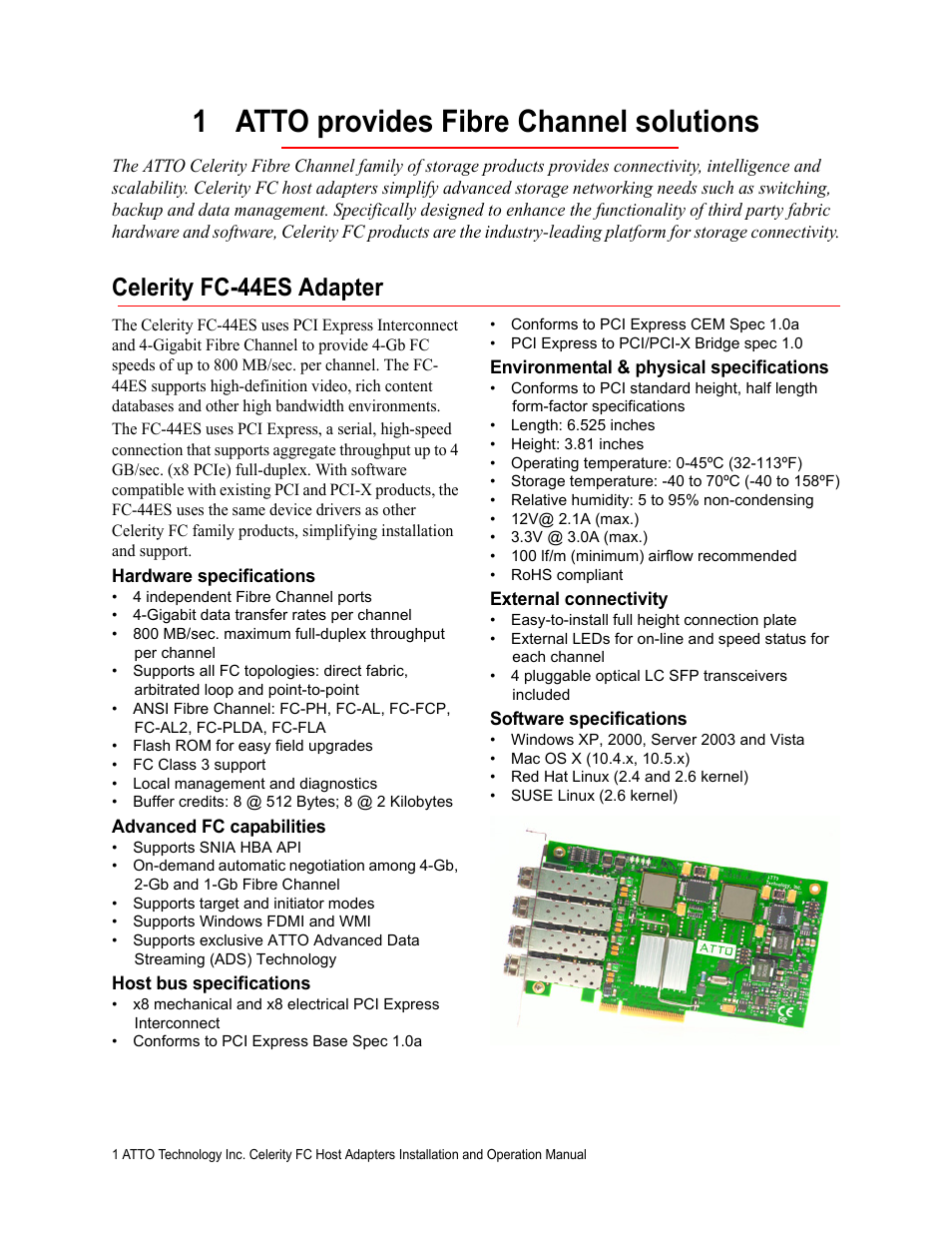 1 atto provides fibre channel solutions, Celerity fc-44es adapter, Hardware specifications | Advanced fc capabilities, Host bus specifications, Environmental & physical specifications, External connectivity, Software specifications | ATTO Technology FC-44ES  EN User Manual | Page 4 / 34