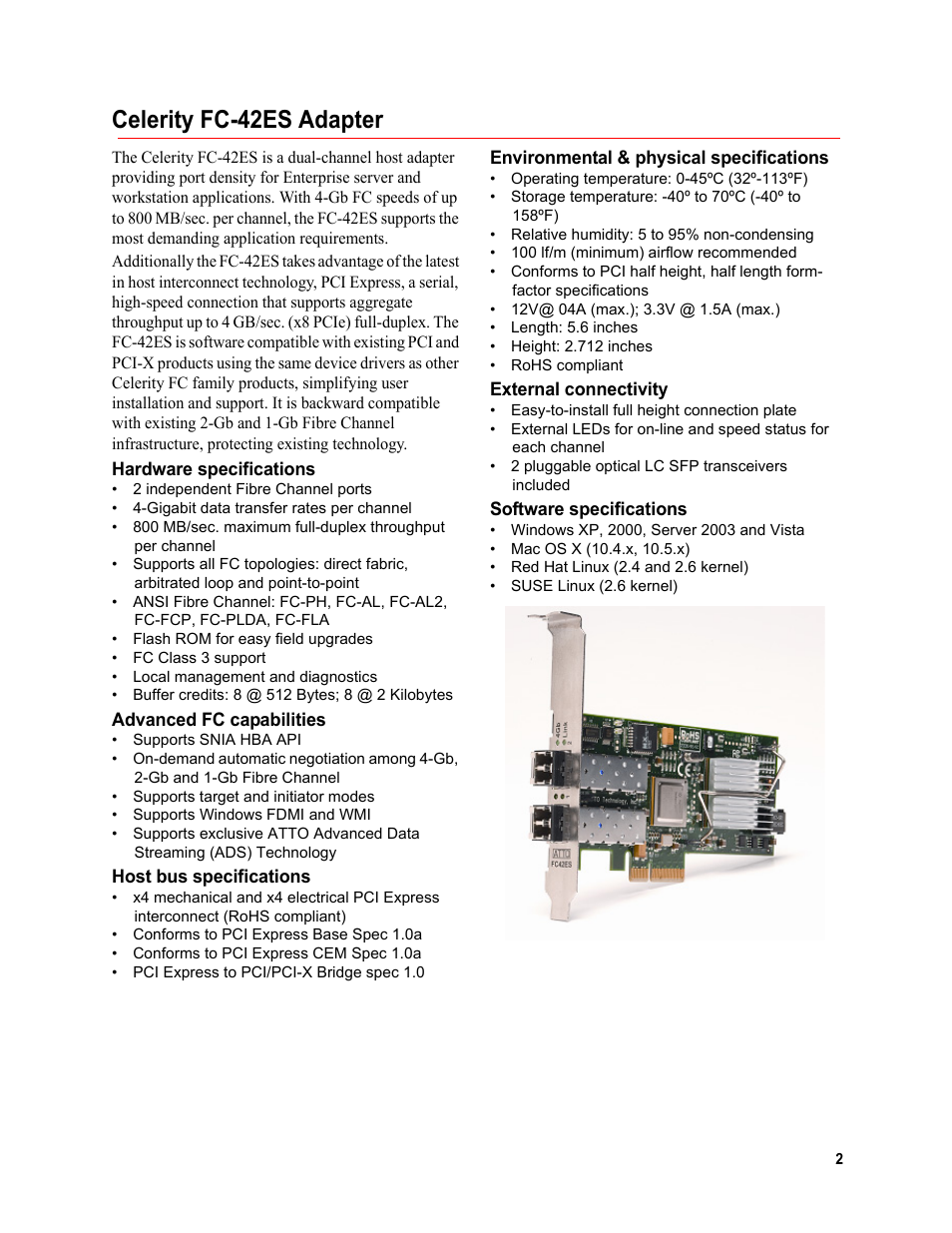 Celerity fc-42es adapter, Hardware specifications, Advanced fc capabilities | Host bus specifications, Environmental & physical specifications, External connectivity, Software specifications | ATTO Technology FC-44ES  EN User Manual | Page 5 / 34