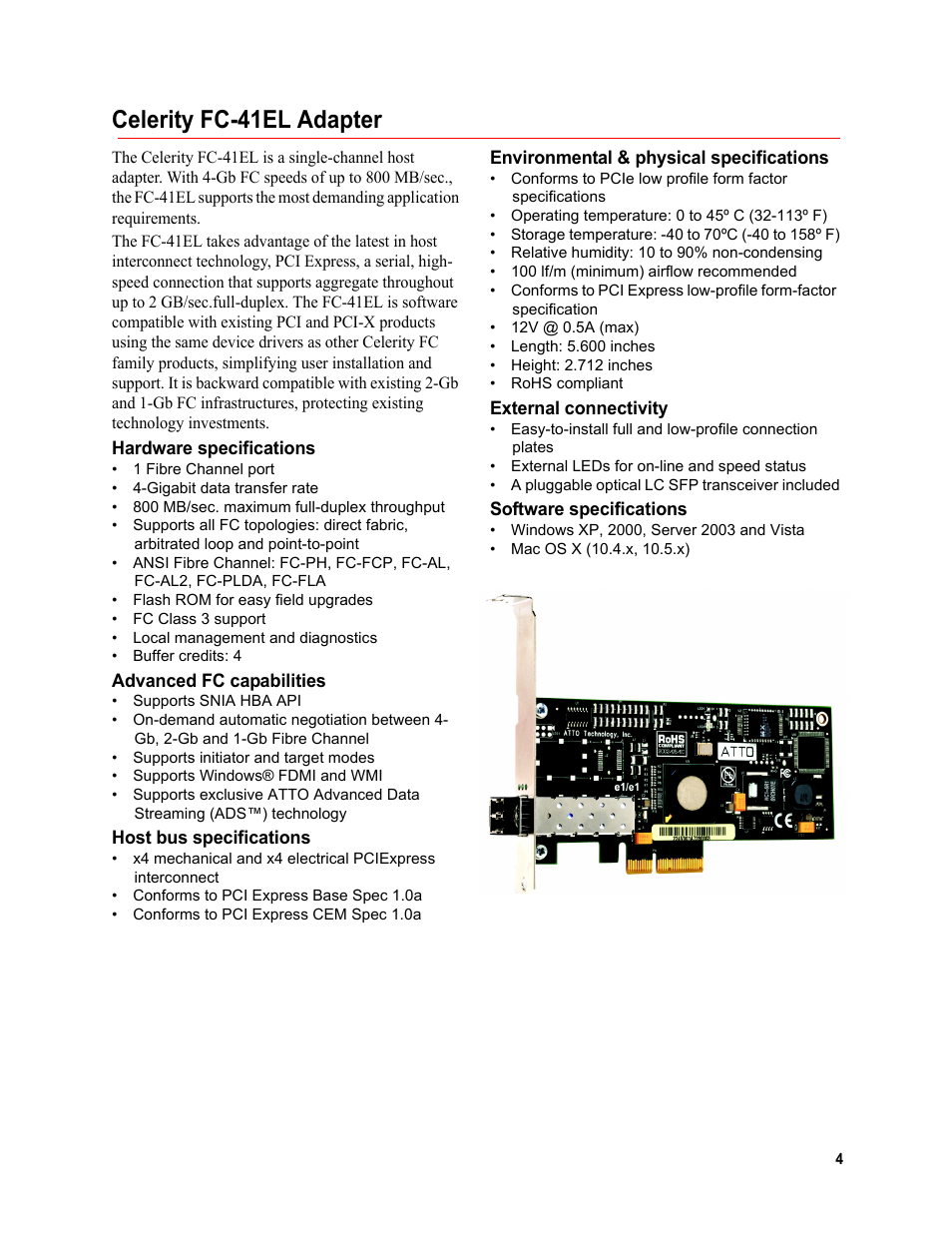 Celerity fc-41el adapter, Hardware specifications, Advanced fc capabilities | Host bus specifications, Environmental & physical specifications, External connectivity, Software specifications | ATTO Technology FC-44ES  EN User Manual | Page 7 / 34