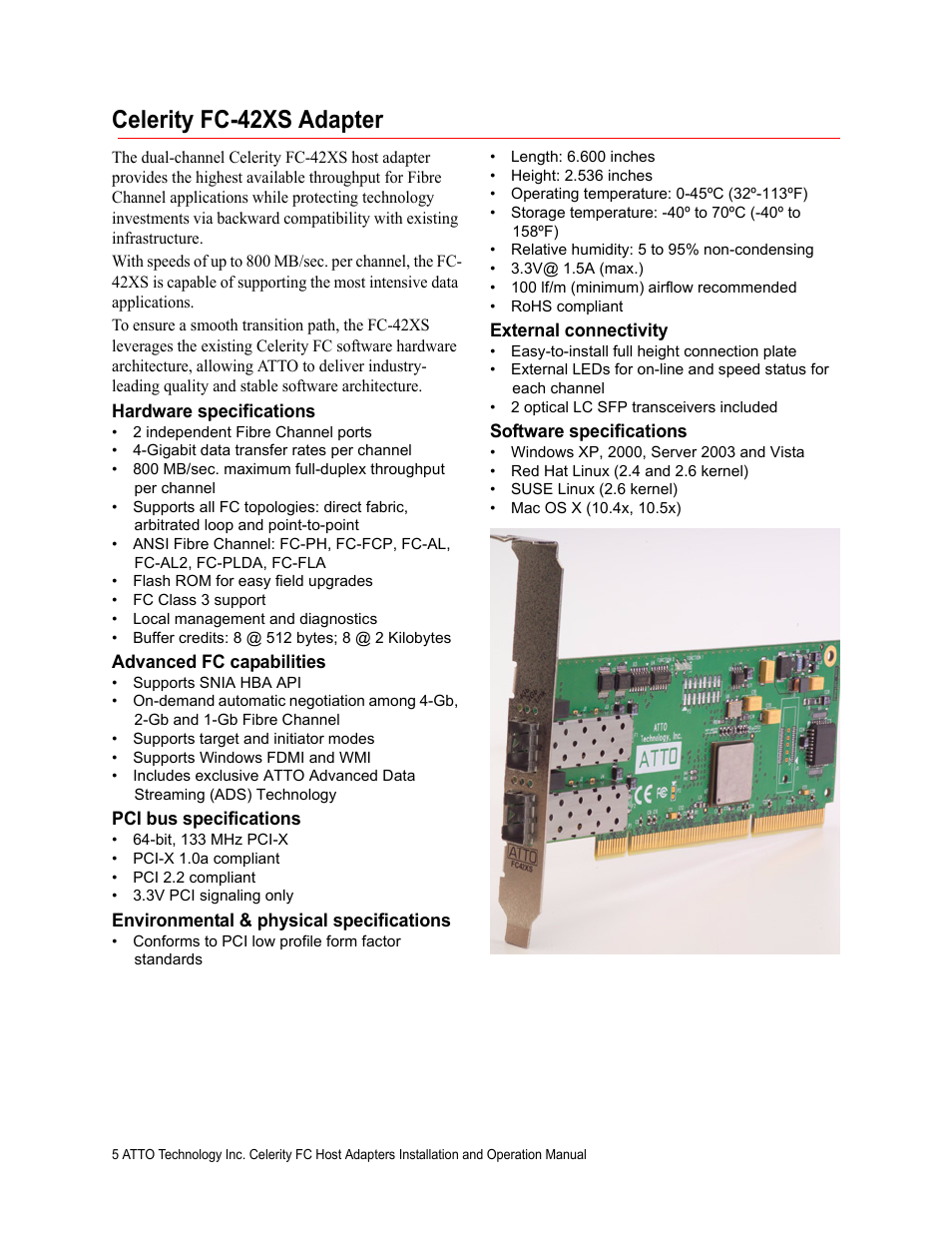 Celerity fc-42xs adapter, Hardware specifications, Advanced fc capabilities | Pci bus specifications, Environmental & physical specifications, External connectivity, Software specifications | ATTO Technology FC-44ES  EN User Manual | Page 8 / 34