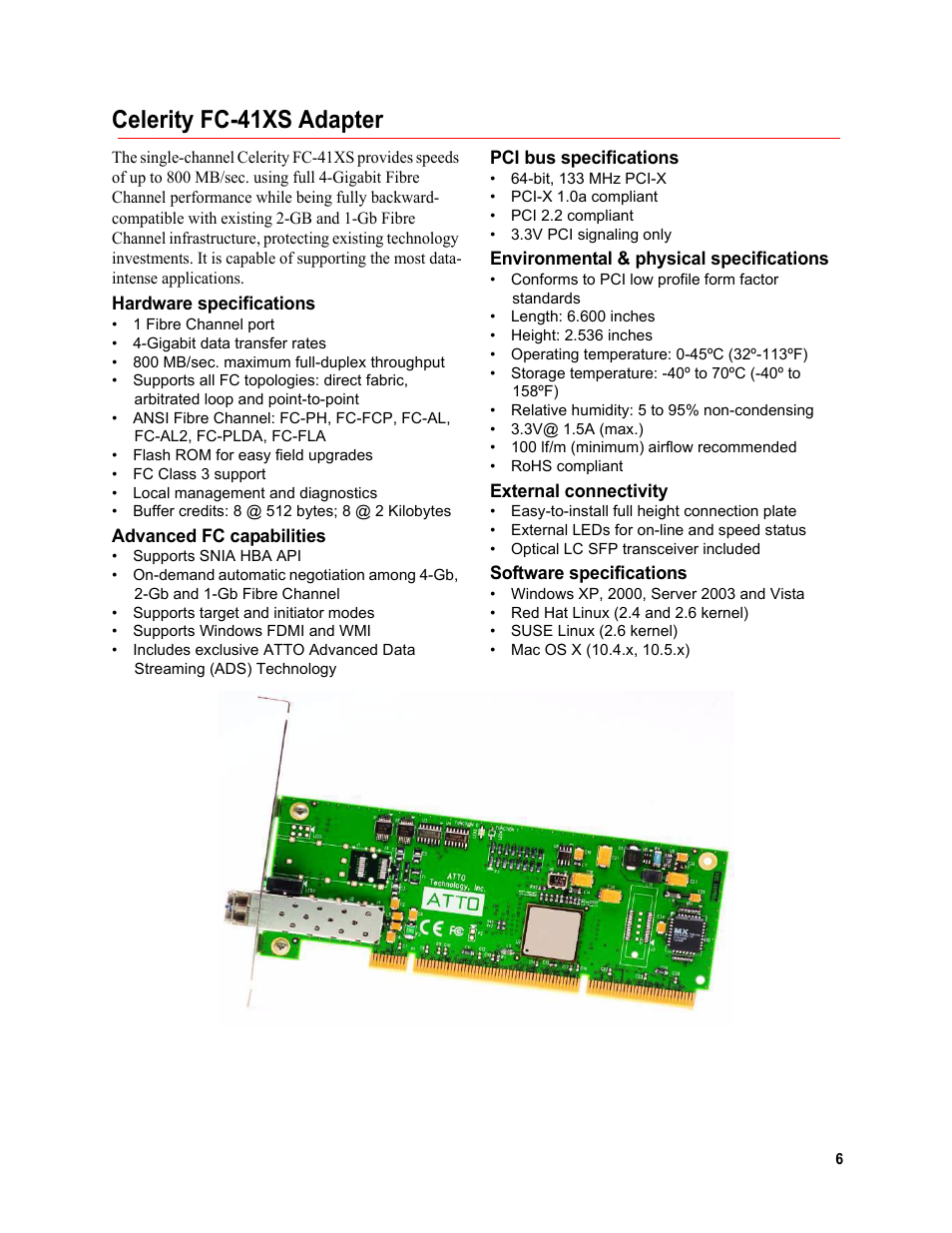 Celerity fc-41xs adapter, Hardware specifications, Advanced fc capabilities | Pci bus specifications, Environmental & physical specifications, External connectivity, Software specifications | ATTO Technology FC-44ES  EN User Manual | Page 9 / 34