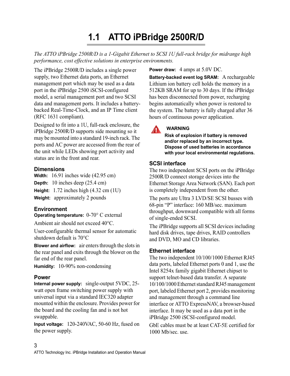 1 atto ipbridge 2500r/d, Dimensions, Environment | Power, Scsi interface, Ethernet interface | ATTO Technology 2500C User Manual | Page 12 / 77