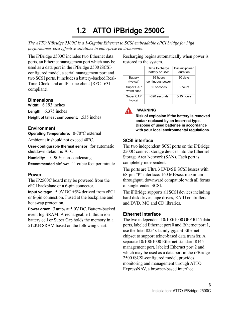 2 atto ipbridge 2500c, Dimensions, Environment | Power, Scsi interface, Ethernet interface | ATTO Technology 2500C User Manual | Page 15 / 77