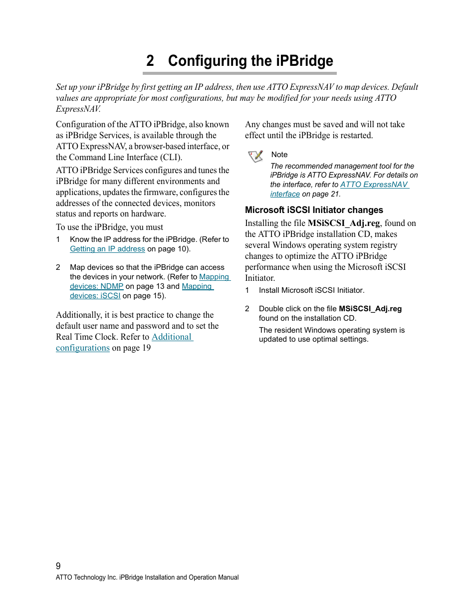 2 configuring the ipbridge, Microsoft iscsi initiator changes, Configuring the ipbridge | ATTO Technology 2500C User Manual | Page 18 / 77