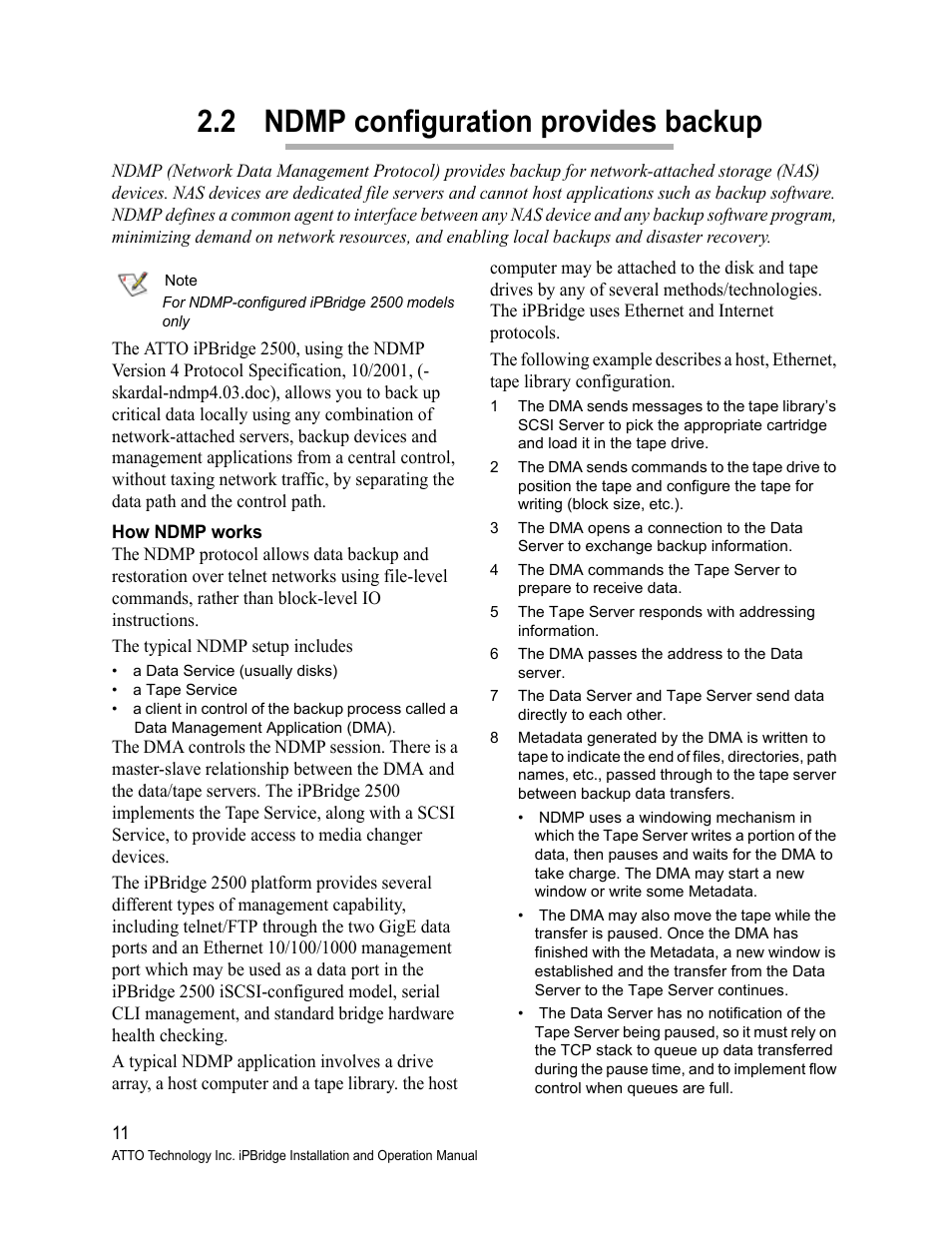 2 ndmp configuration provides backup, How ndmp works | ATTO Technology 2500C User Manual | Page 20 / 77