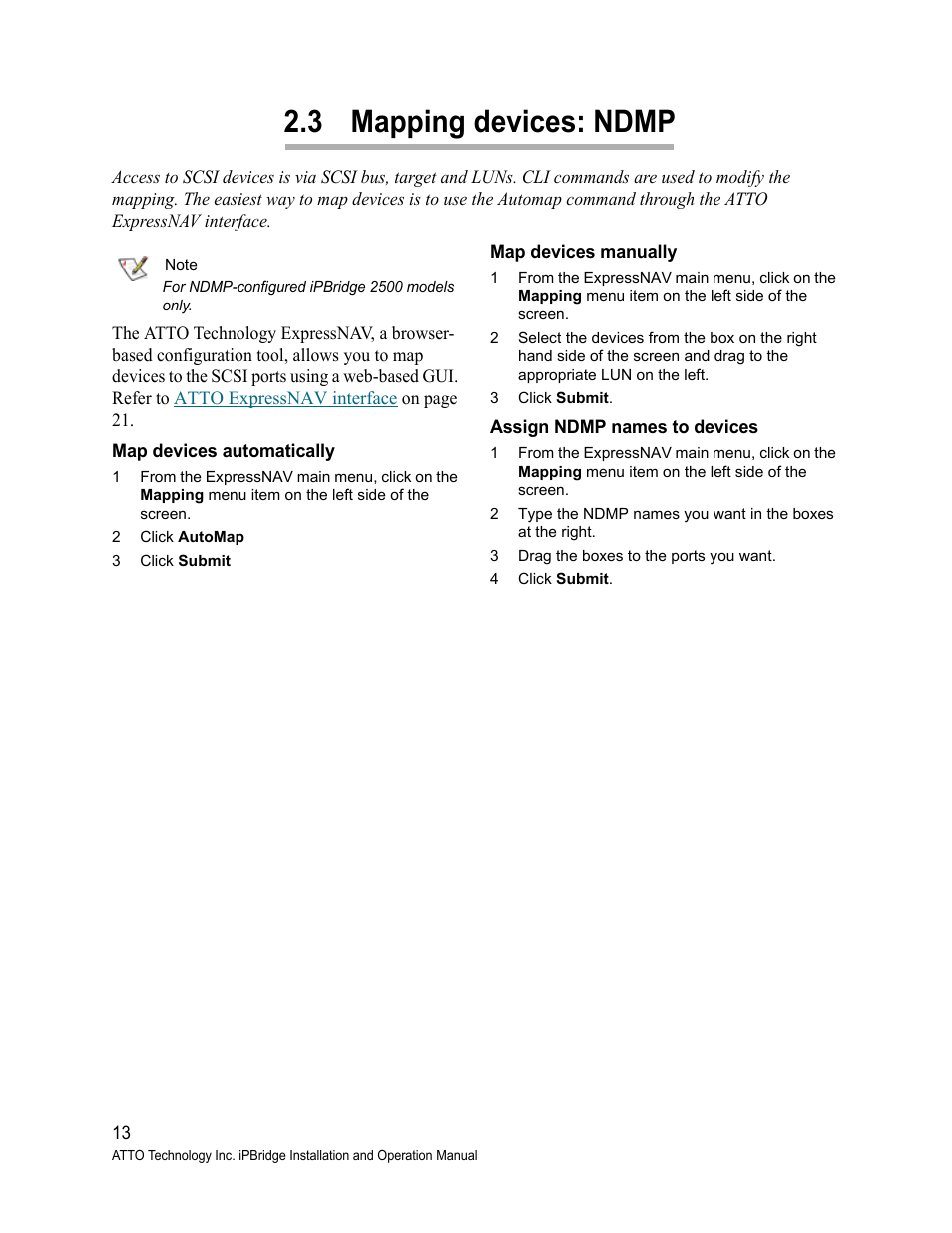 3 mapping devices: ndmp, Map devices automatically, Map devices manually | Assign ndmp names to devices, Mapping, Devices: ndmp, Mapping devices: ndmp | ATTO Technology 2500C User Manual | Page 22 / 77