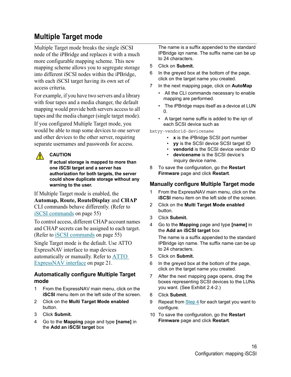 Multiple target mode, Automatically configure multiple target mode, Manually configure multiple target mode | ATTO Technology 2500C User Manual | Page 25 / 77