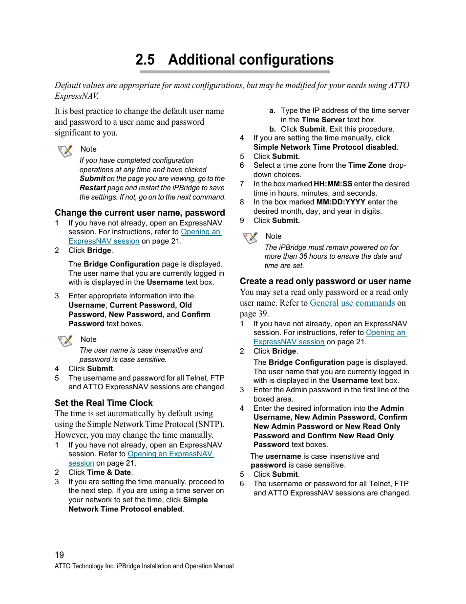 5 additional configurations, Change the current user name, password, Set the real time clock | Create a read only password or user name, Additional, Configurations | ATTO Technology 2500C User Manual | Page 28 / 77