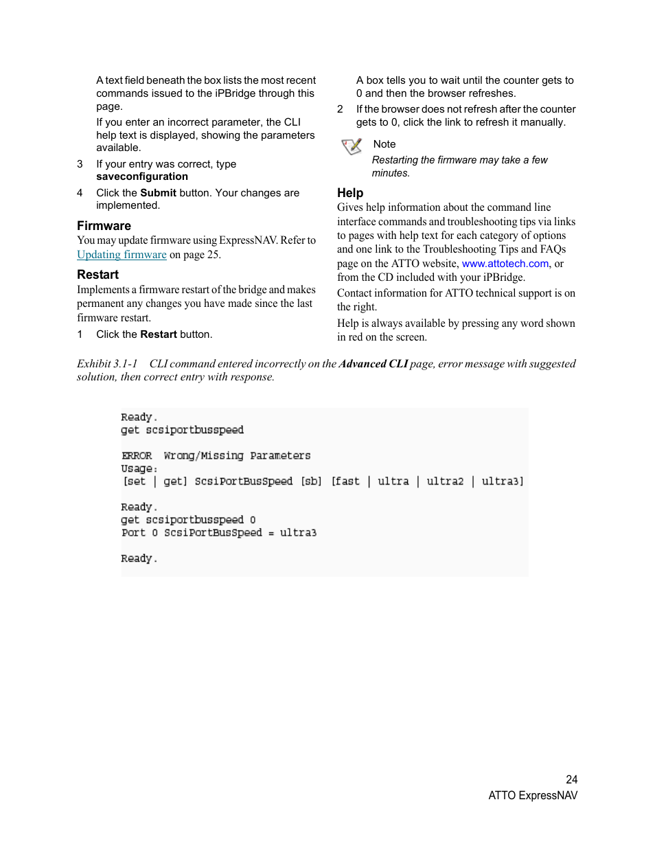 Firmware, Restart, Help | Firmware restart help, The ipbridge. see exhibit 3.1-1 for an | ATTO Technology 2500C User Manual | Page 33 / 77