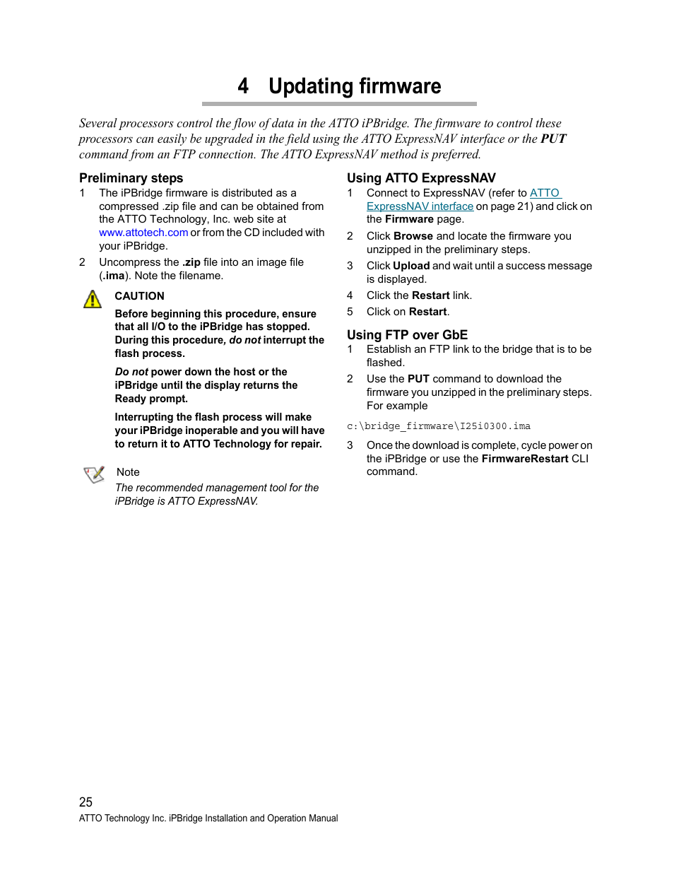 4 updating firmware, Preliminary steps, Using atto expressnav | Using ftp over gbe | ATTO Technology 2500C User Manual | Page 34 / 77