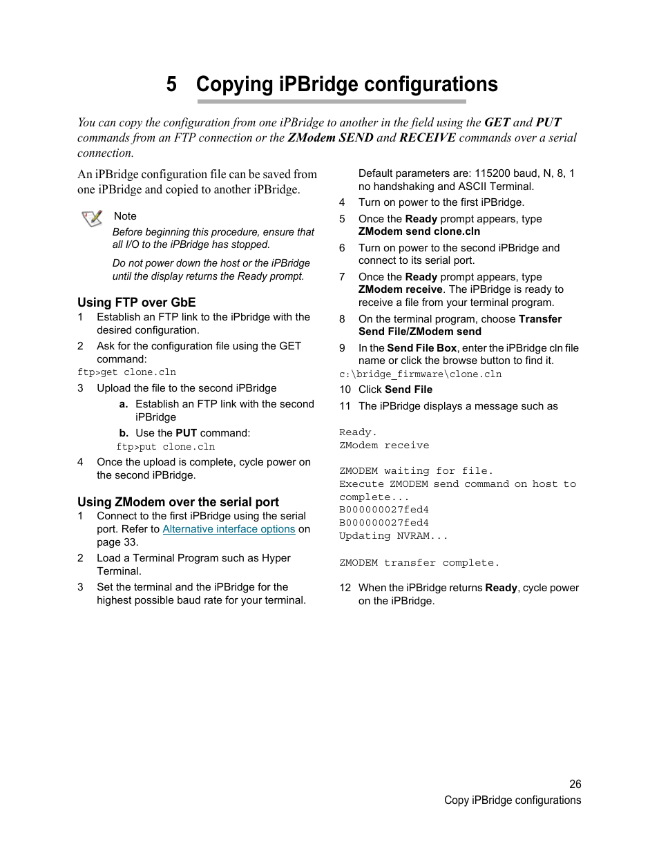 5 copying ipbridge configurations, Using ftp over gbe, Using zmodem over the serial port | ATTO Technology 2500C User Manual | Page 35 / 77