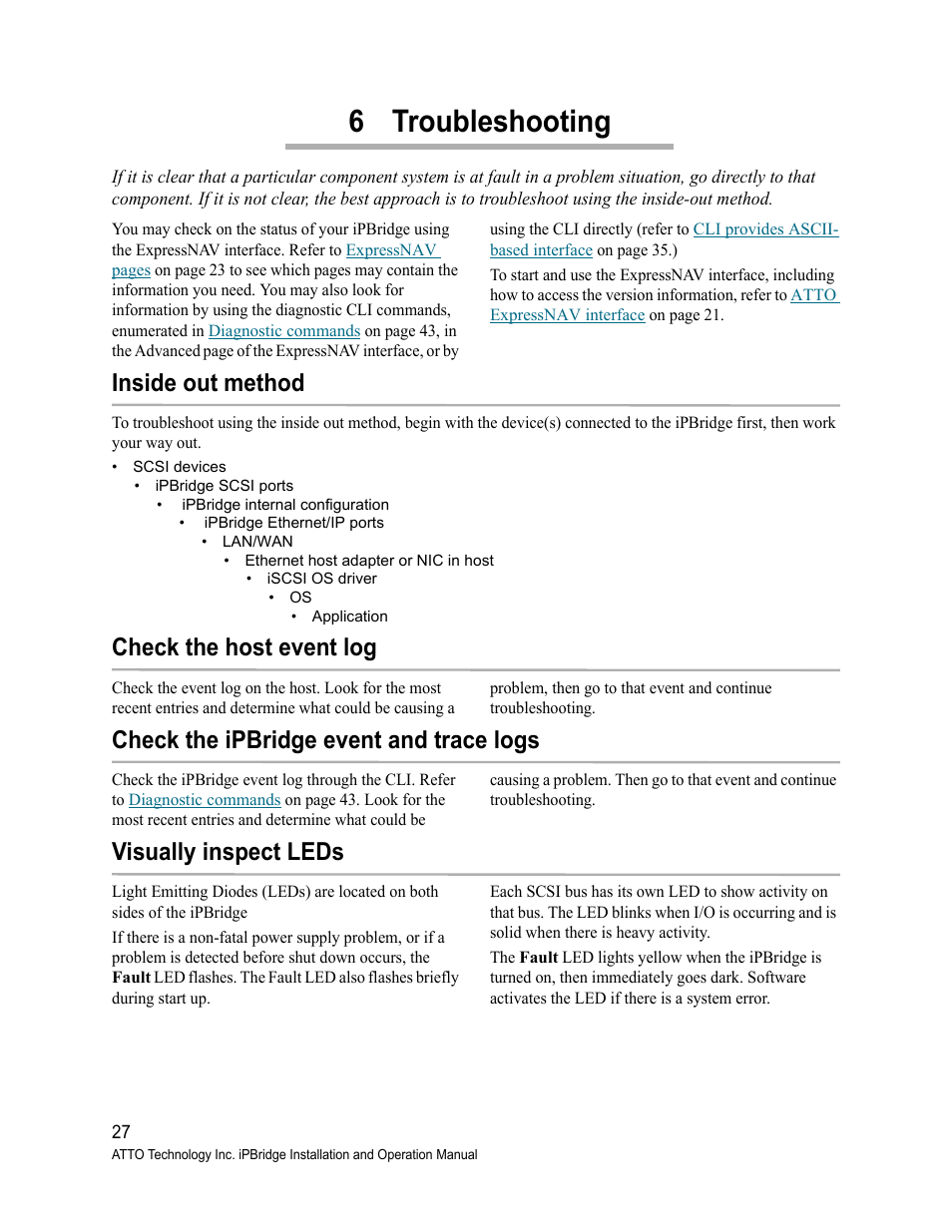 6 troubleshooting, Inside out method, Check the host event log | Check the ipbridge event and trace logs, Visually inspect leds | ATTO Technology 2500C User Manual | Page 36 / 77