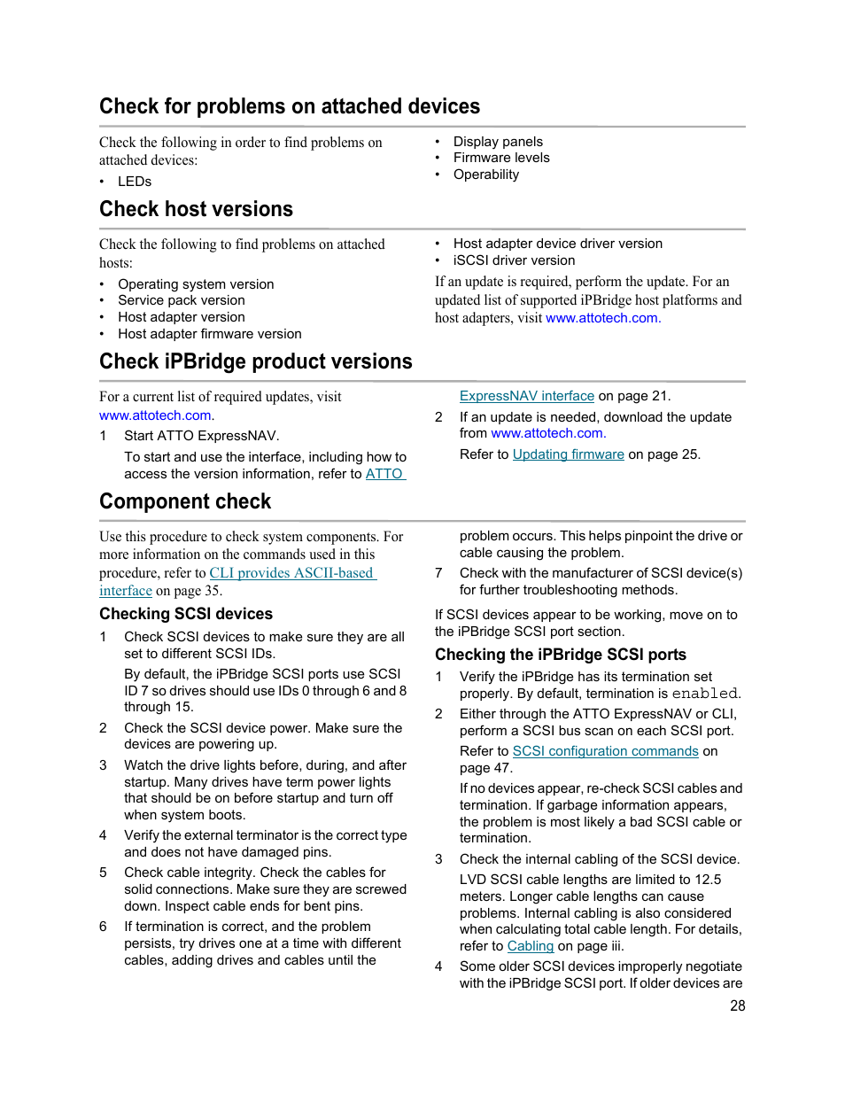 Check for problems on attached devices, Check host versions, Check ipbridge product versions | Component check, Checking scsi devices, Checking the ipbridge scsi ports | ATTO Technology 2500C User Manual | Page 37 / 77