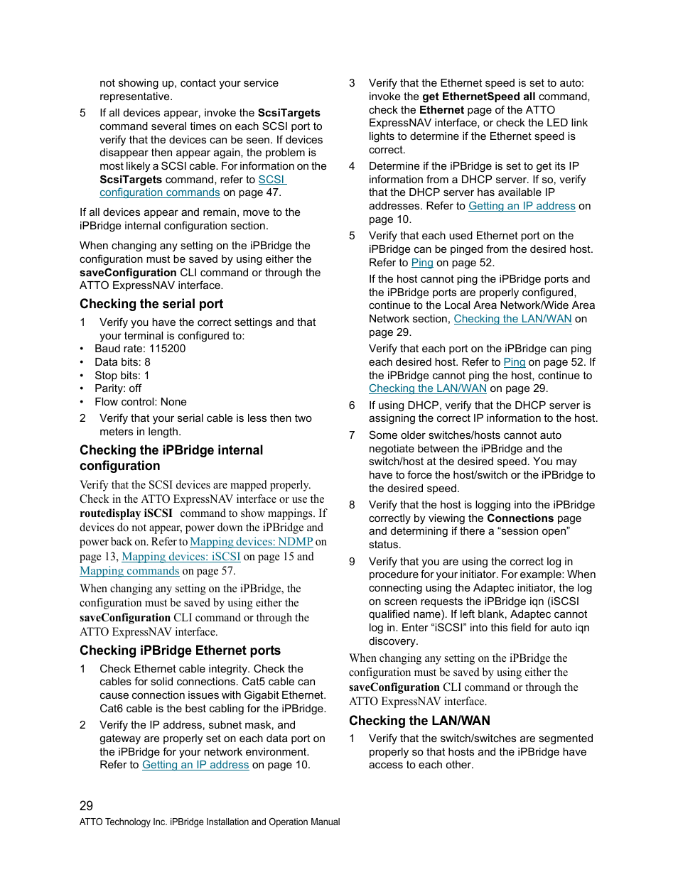 Checking the serial port, Checking the ipbridge internal configuration, Checking ipbridge ethernet ports | Checking the lan/wan | ATTO Technology 2500C User Manual | Page 38 / 77