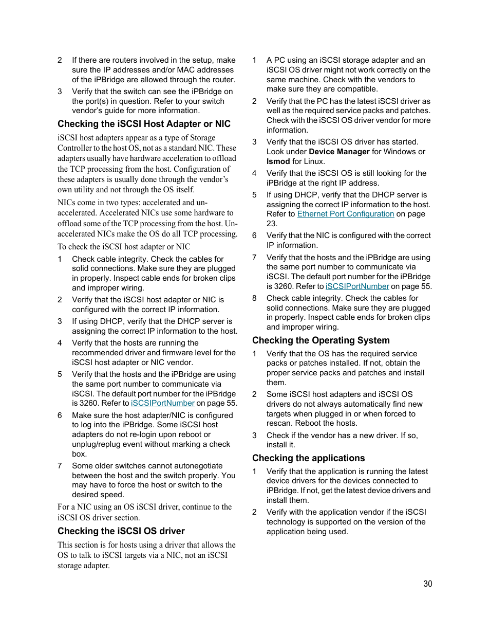Checking the iscsi host adapter or nic, Checking the iscsi os driver, Checking the operating system | Checking the applications | ATTO Technology 2500C User Manual | Page 39 / 77