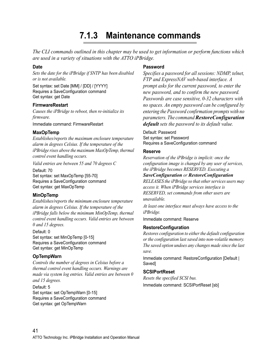 3 maintenance commands, Date, Firmwarerestart | Maxoptemp, Minoptemp, Optempwarn, Password, Reserve, Restoreconfiguration, Scsiportreset | ATTO Technology 2500C User Manual | Page 50 / 77