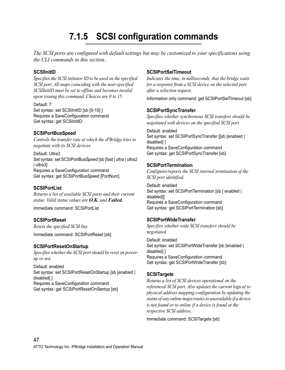 5 scsi configuration commands, Scsiinitid, Scsiportbusspeed | Scsiportlist, Scsiportreset, Scsiportresetonstartup, Scsiportseltimeout, Scsiportsynctransfer, Scsiporttermination, Scsiportwidetransfer | ATTO Technology 2500C User Manual | Page 56 / 77