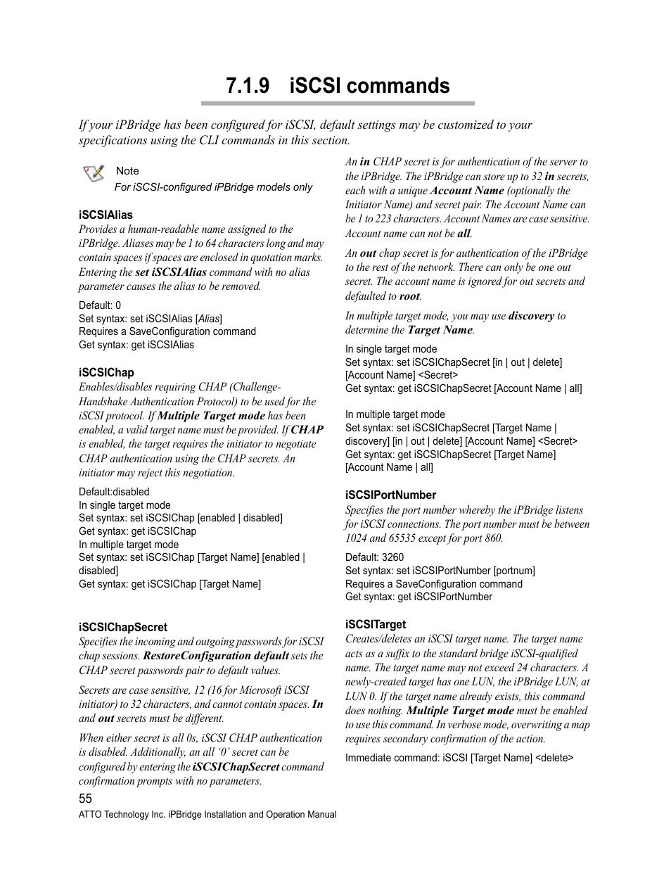 9 iscsi commands, Iscsialias, Iscsichap | Iscsichapsecret, Iscsiportnumber, Iscsitarget, Iscsi commands, Refer to, Is 3260. refer to | ATTO Technology 2500C User Manual | Page 64 / 77