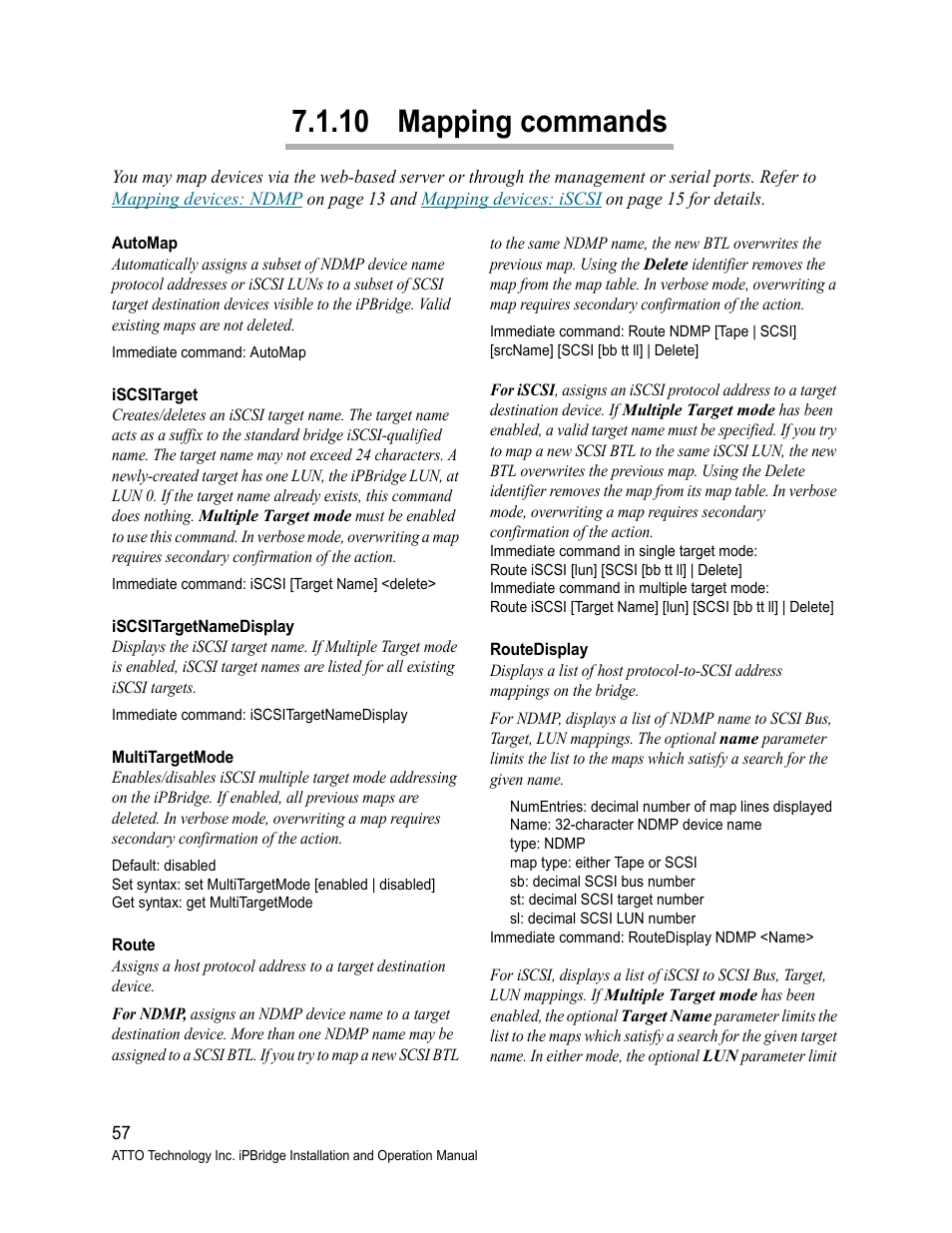 10 mapping commands, Automap, Iscsitarget | Iscsitargetnamedisplay, Multitargetmode, Route, Routedisplay | ATTO Technology 2500C User Manual | Page 66 / 77