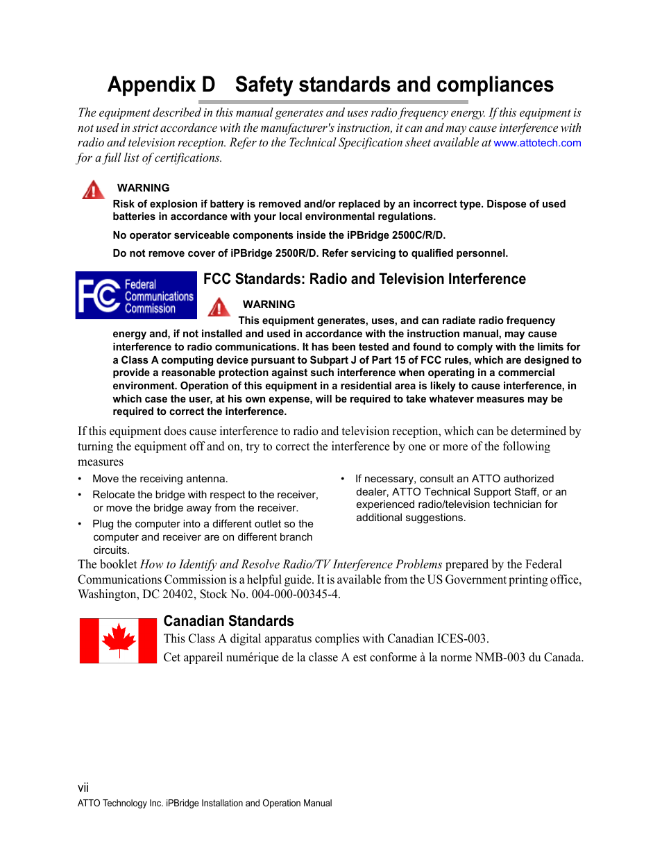 Appendix d safety standards and compliances, Fcc standards: radio and television interference, Canadian standards | ATTO Technology 2500C User Manual | Page 74 / 77