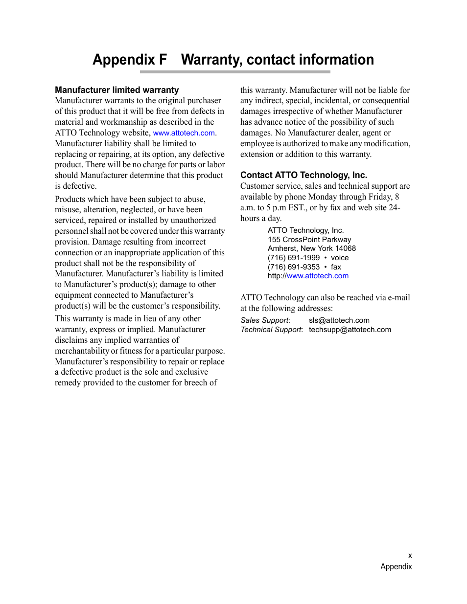 Appendix f warranty, contact information, Manufacturer limited warranty, Contact atto technology, inc | ATTO Technology 2500C User Manual | Page 77 / 77