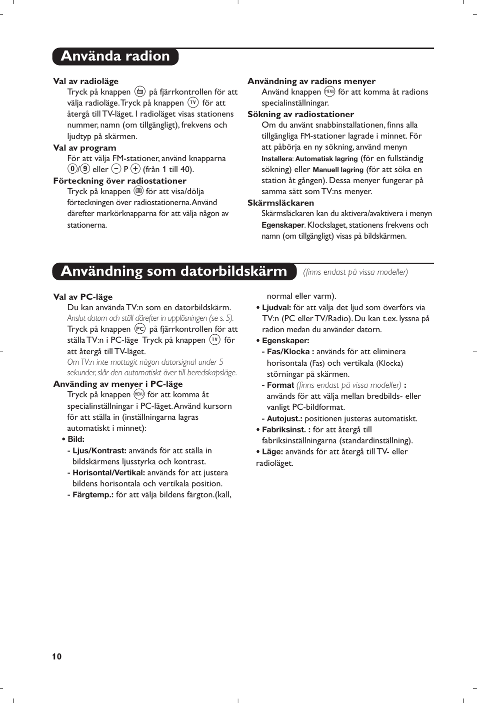 Använda radion, Användning som datorbildskärm | Philips Flat TV User Manual | Page 106 / 144