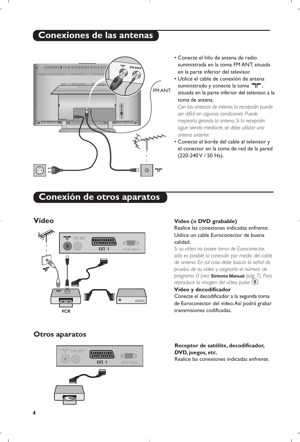 Conexiones de las antenas, Conexión de otros aparatos, Vídeo | Otros aparatos | Philips Flat TV User Manual | Page 124 / 144