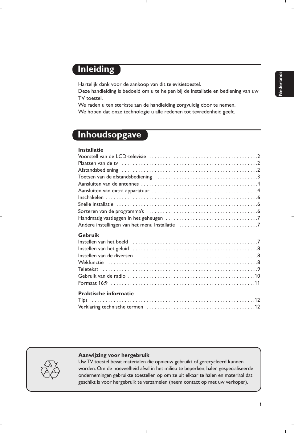 Inleiding inhoudsopgave | Philips Flat TV User Manual | Page 13 / 144