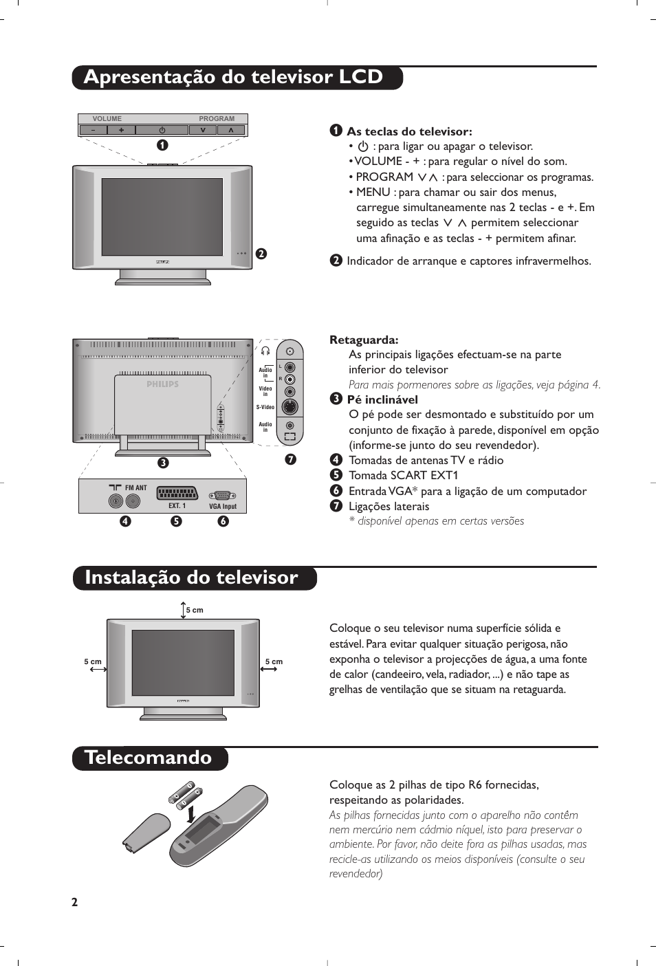 Telecomando apresentação do televisor lcd, Instalação do televisor | Philips Flat TV User Manual | Page 134 / 144