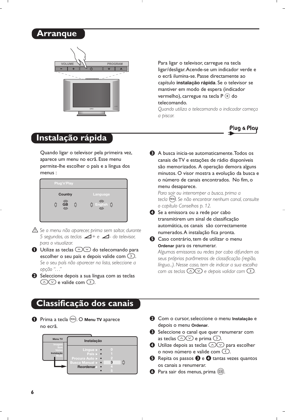 Instalação rápida classificação dos canais, Arranque | Philips Flat TV User Manual | Page 138 / 144