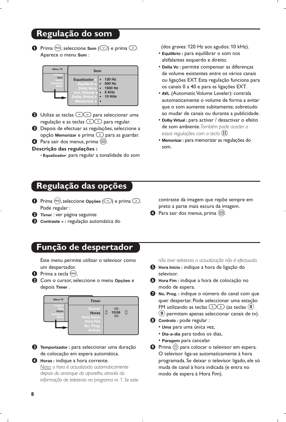 Regulação do som, Regulação das opções, Função de despertador | Philips Flat TV User Manual | Page 140 / 144