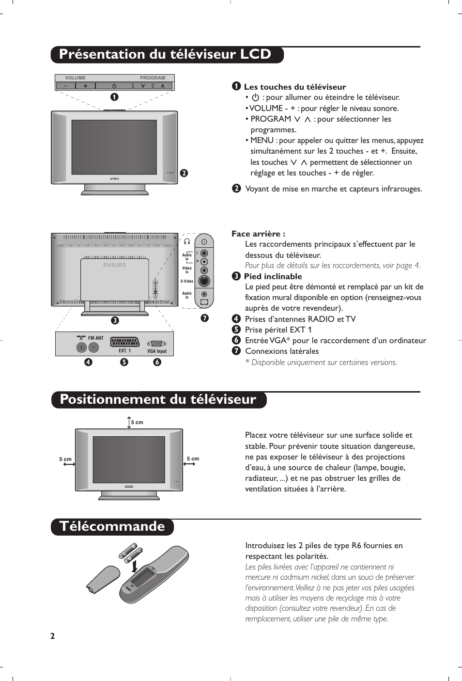 Télécommande présentation du téléviseur lcd, Positionnement du téléviseur | Philips Flat TV User Manual | Page 2 / 144