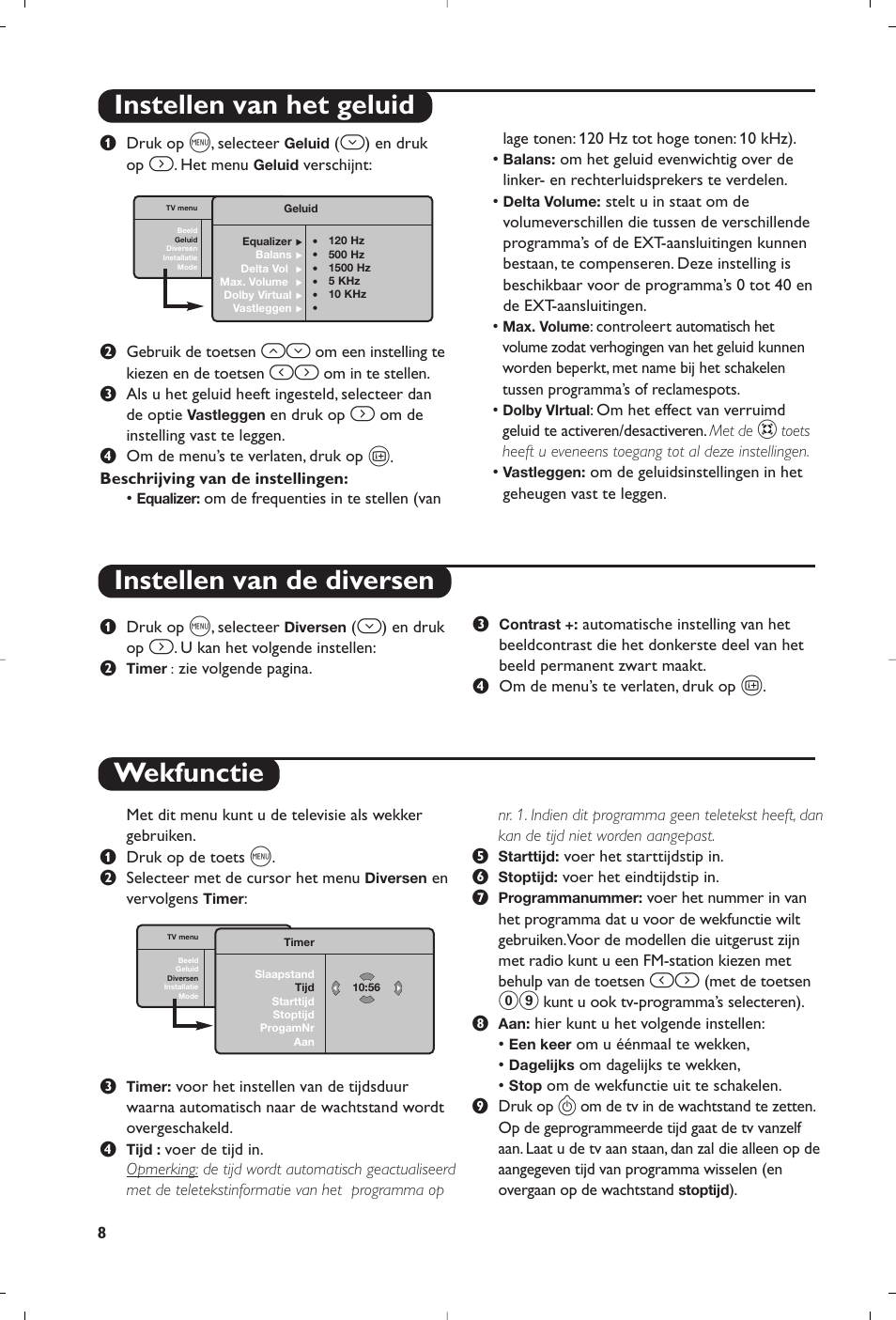 Instellen van het geluid, Instellen van de diversen, Wekfunctie | Philips Flat TV User Manual | Page 20 / 144