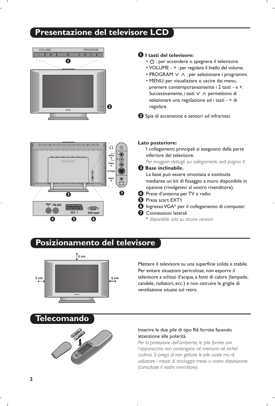 Telecomando presentazione del televisore lcd, Posizionamento del televisore | Philips Flat TV User Manual | Page 38 / 144