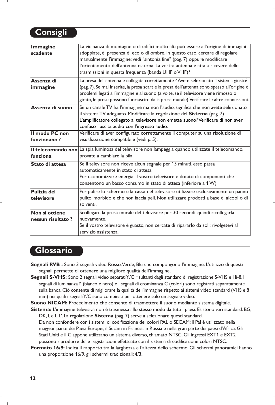 Glossario, Consigli | Philips Flat TV User Manual | Page 48 / 144