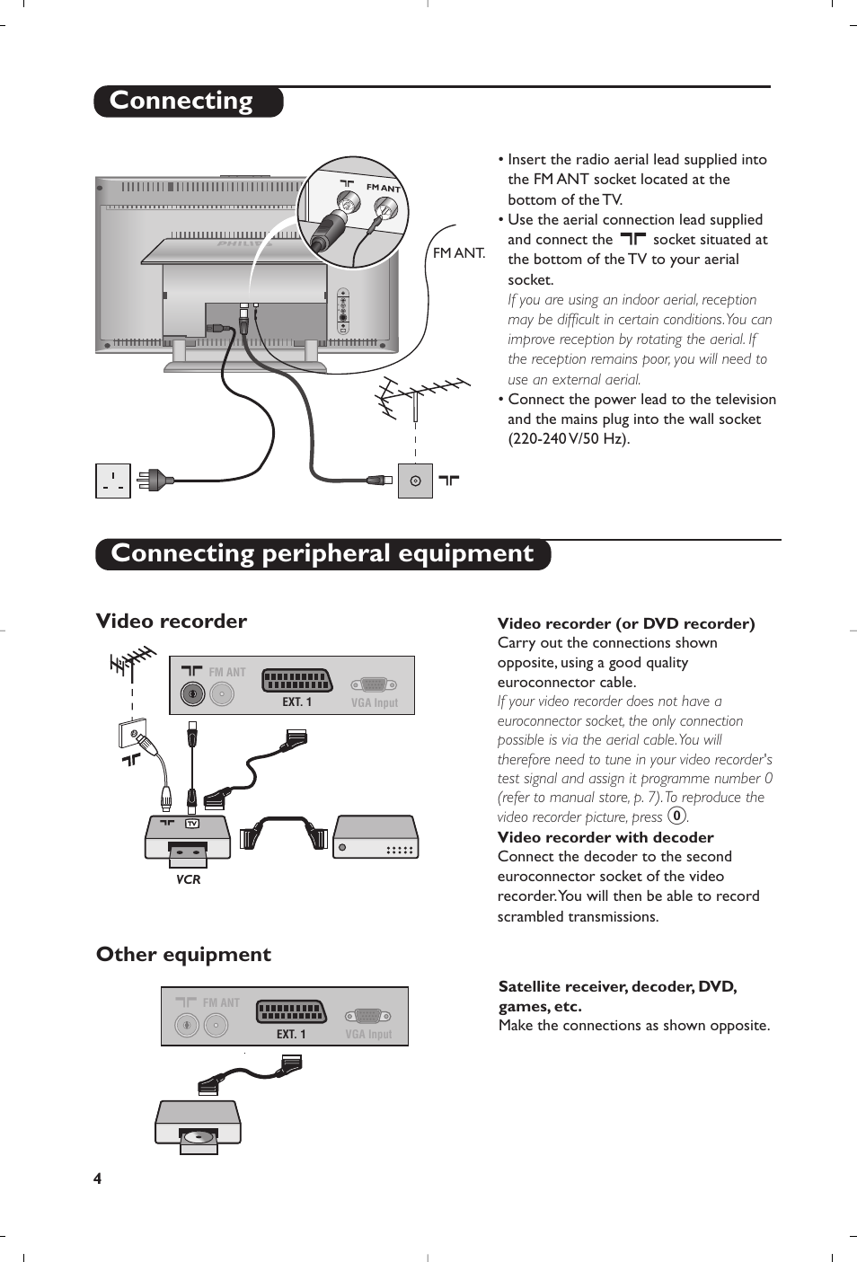 Connecting, Connecting peripheral equipment, Video recorder | Other equipment | Philips Flat TV User Manual | Page 64 / 144