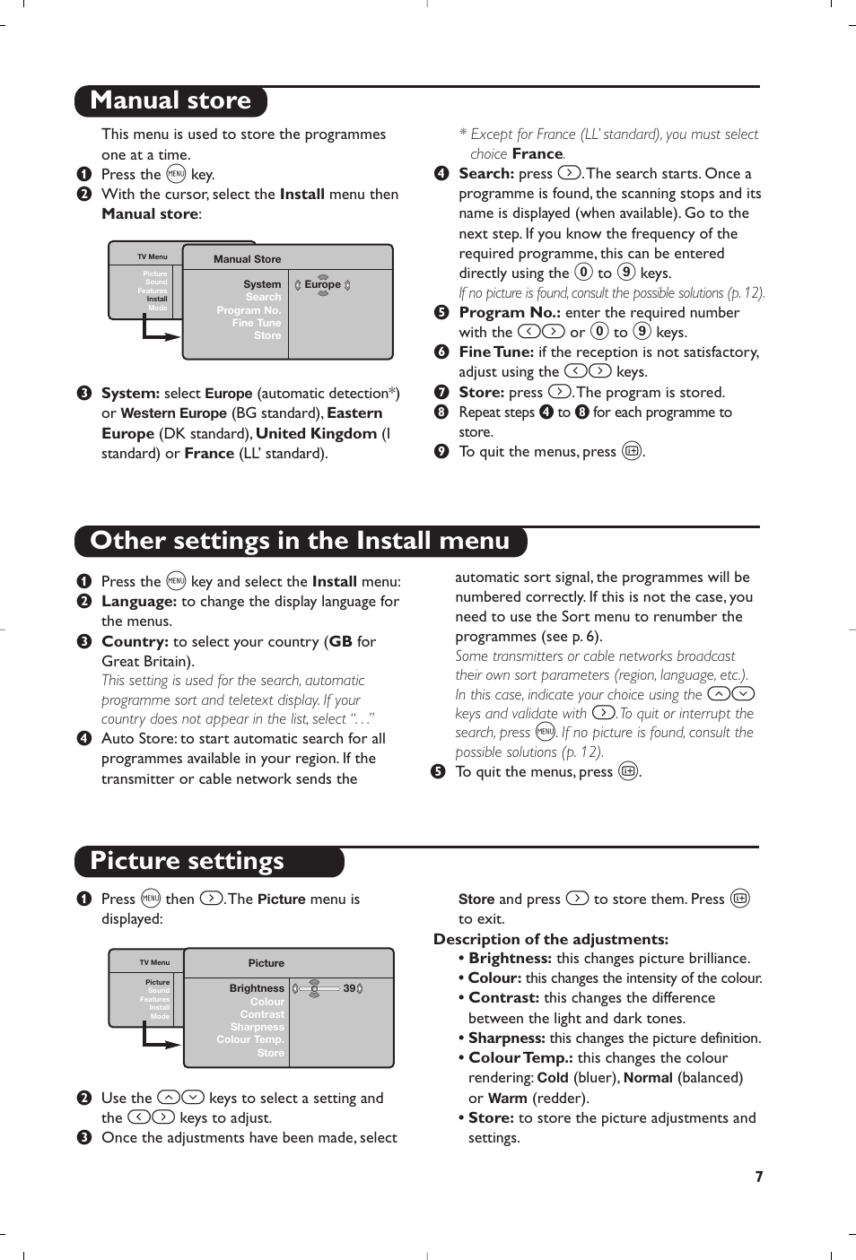 Picture settings, Manual store other settings in the install menu | Philips Flat TV User Manual | Page 67 / 144