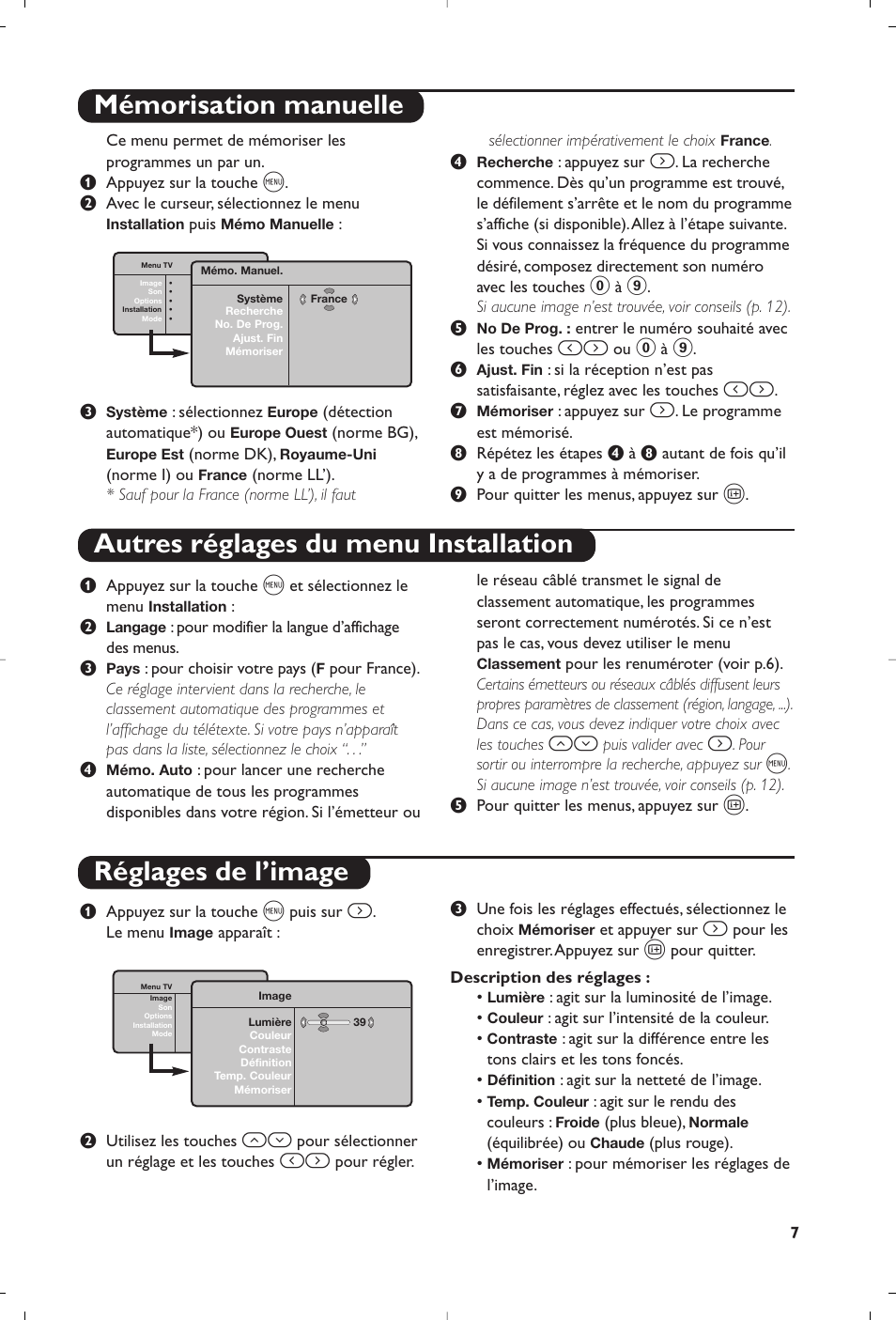 Réglages de l’image | Philips Flat TV User Manual | Page 7 / 144